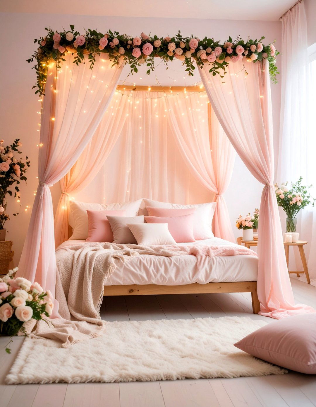 Futon Bedroom with Canopy and Romantic Lighting
