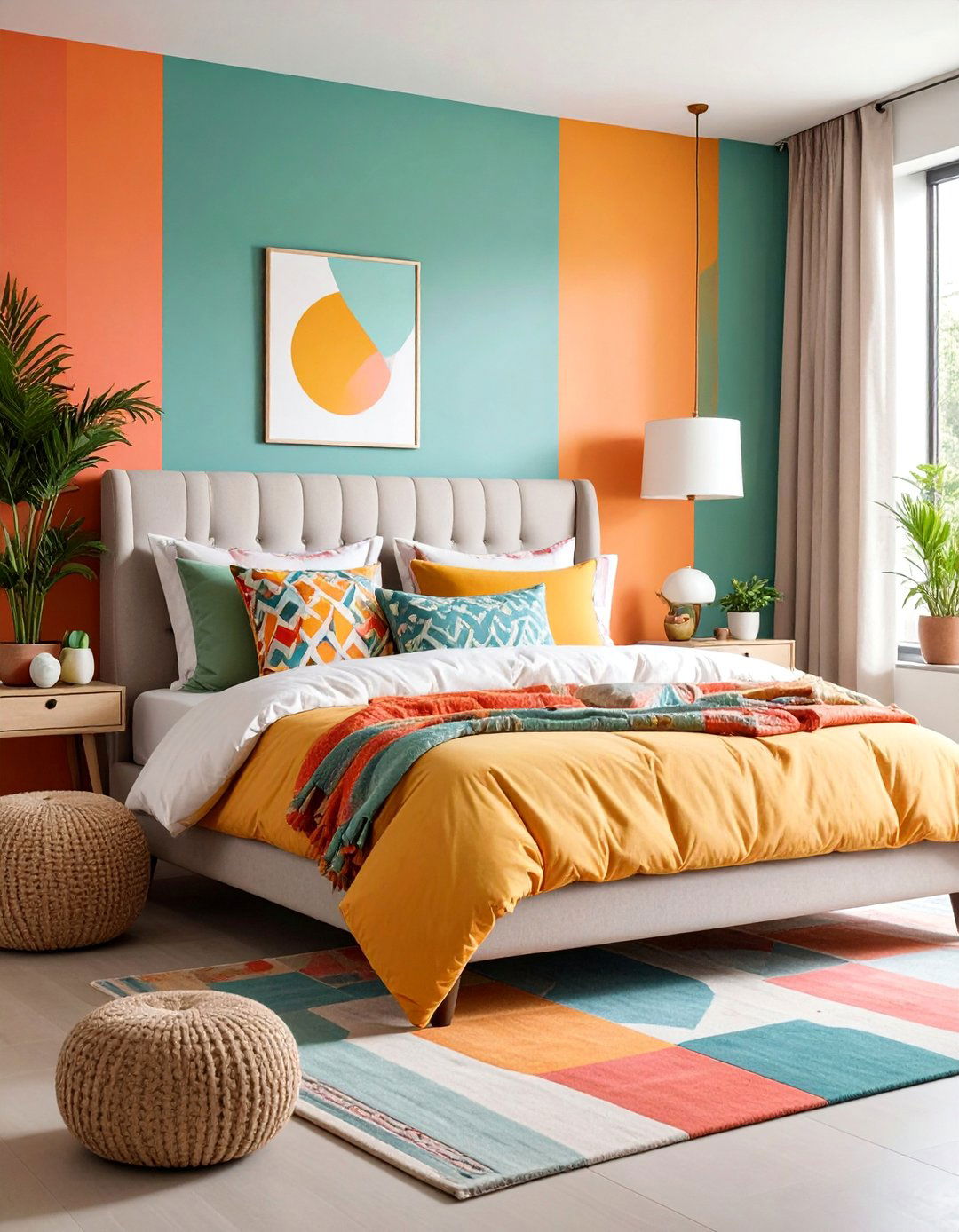 Futon Bedroom with Color Blocked Walls and Bold Patterns - 25 Futon Bedroom Ideas