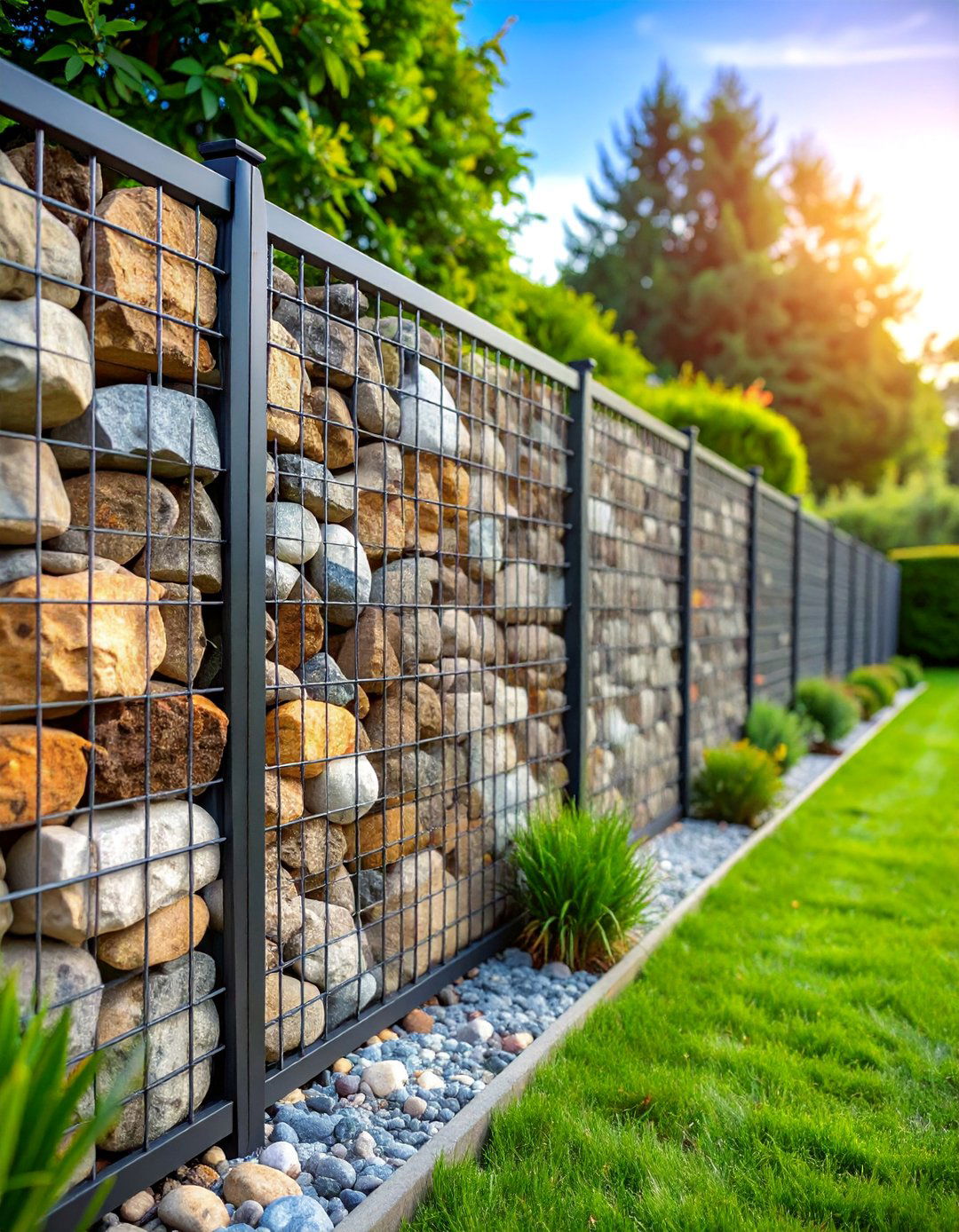 Gabion Wall Fence with Stone Fill - 25 Vegetable Garden Fence Ideas