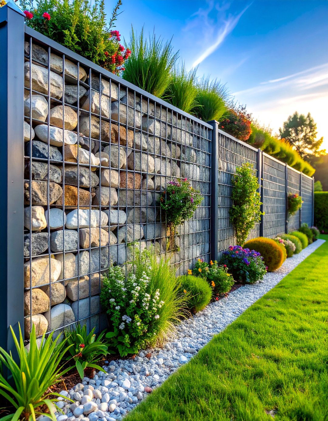 Gabion Wall Garden Border with Cascading Plants - 25 Low Maintenance Garden Border Ideas