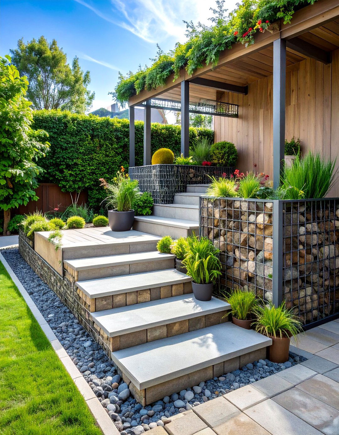 Gabion Wall Steps with Industrial Aesthetic - 25 Patio Steps Ideas