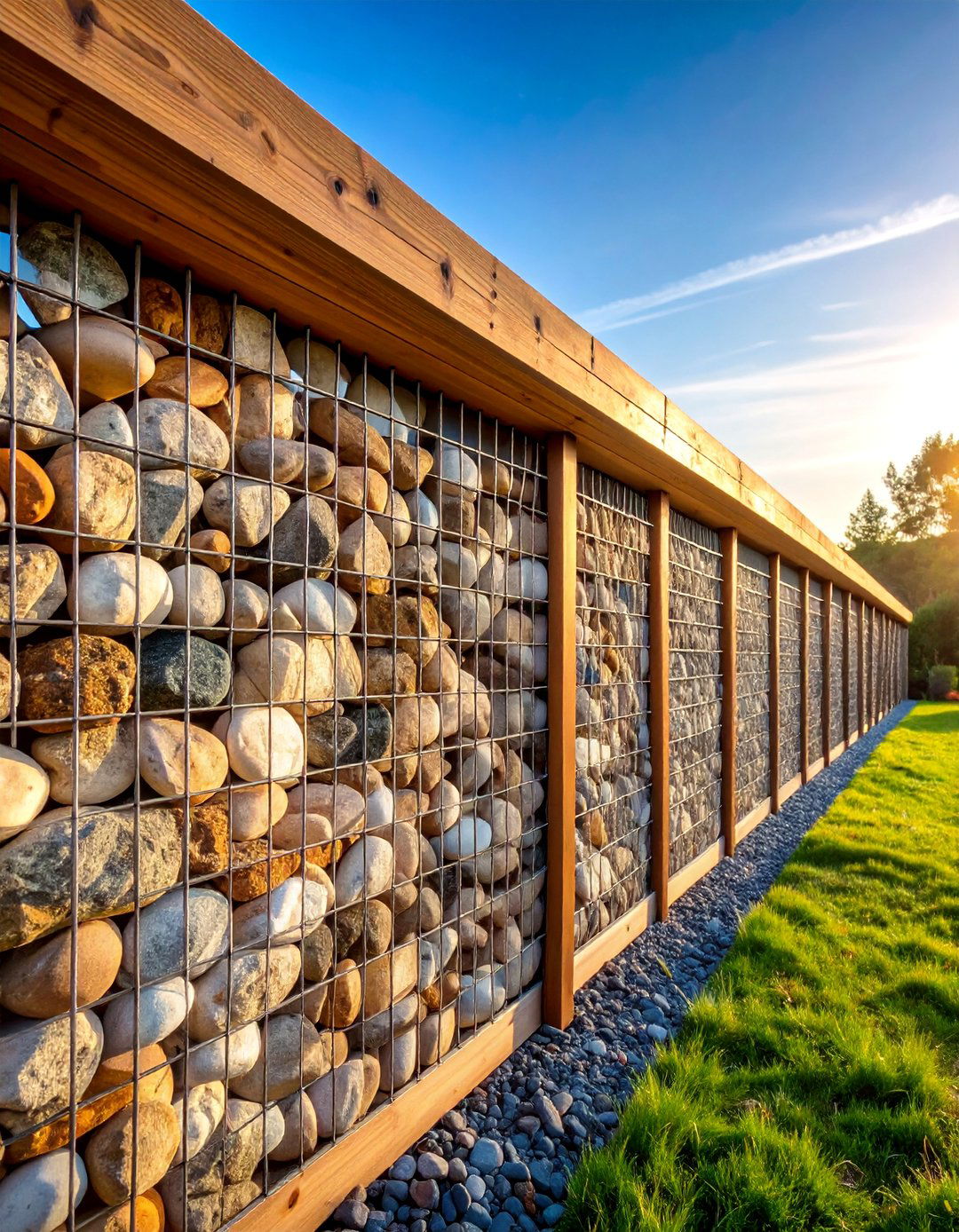 Gabion Wall with Wood Top Rail - 25 Privacy Fence Ideas