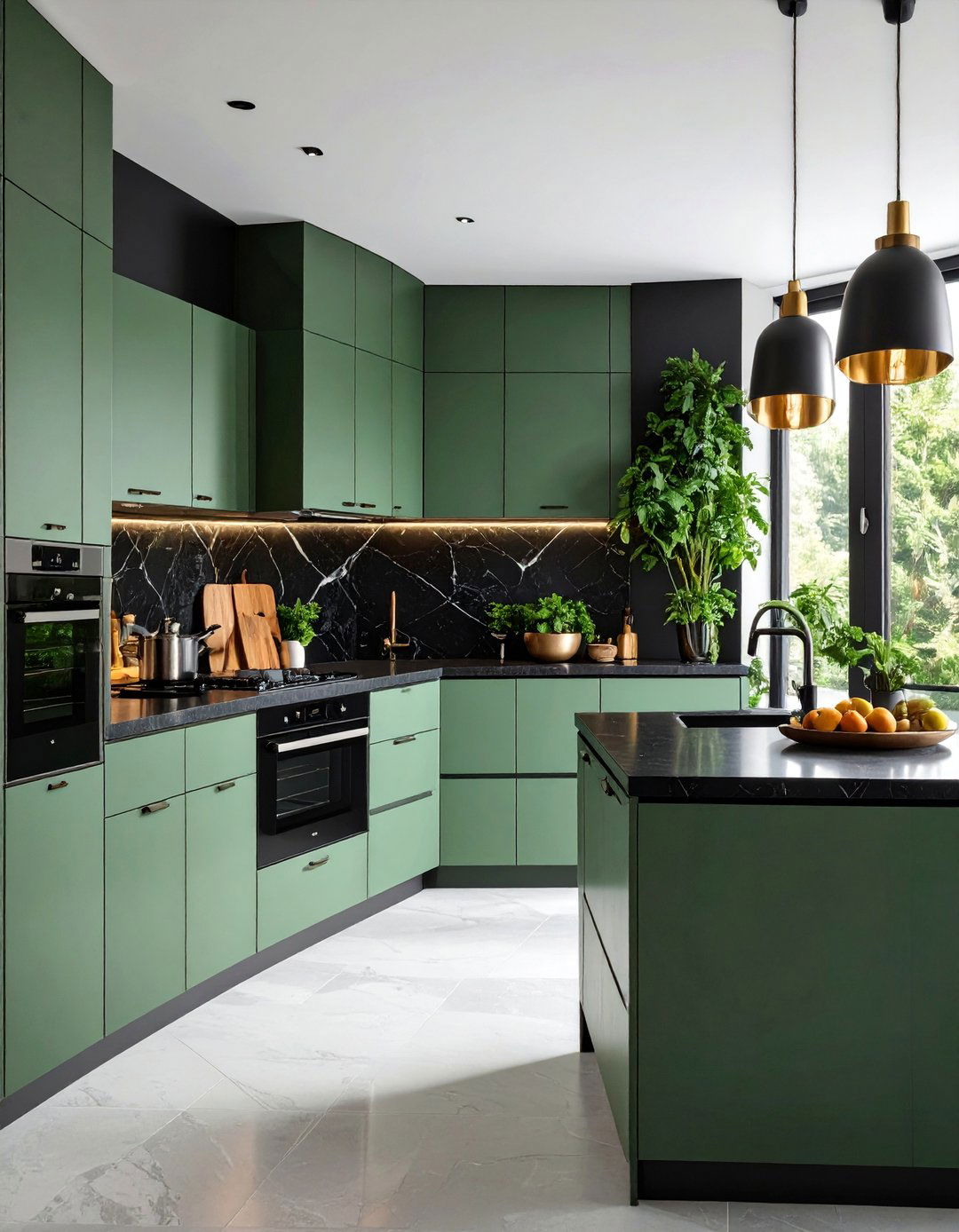Gallery Kitchen with Sage Green Cabinets and Black Backsplash - 25 Sage Green and Black Kitchen Ideas