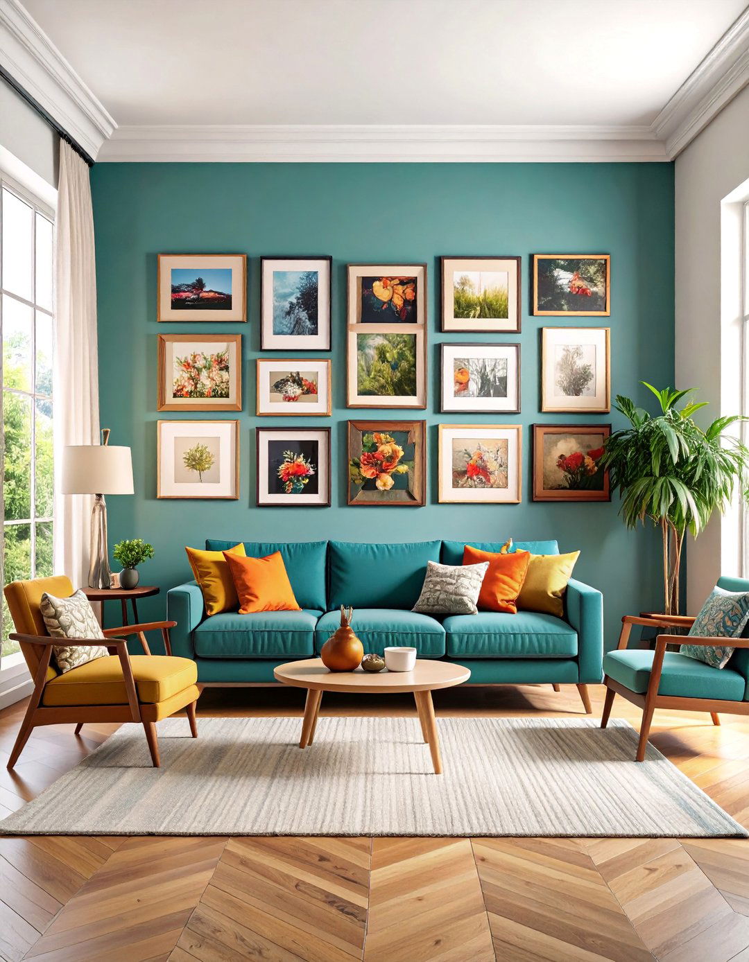 Gallery Wall Arrangement with Mixed Frame Styles - 25 Living Room Accent Wall Ideas