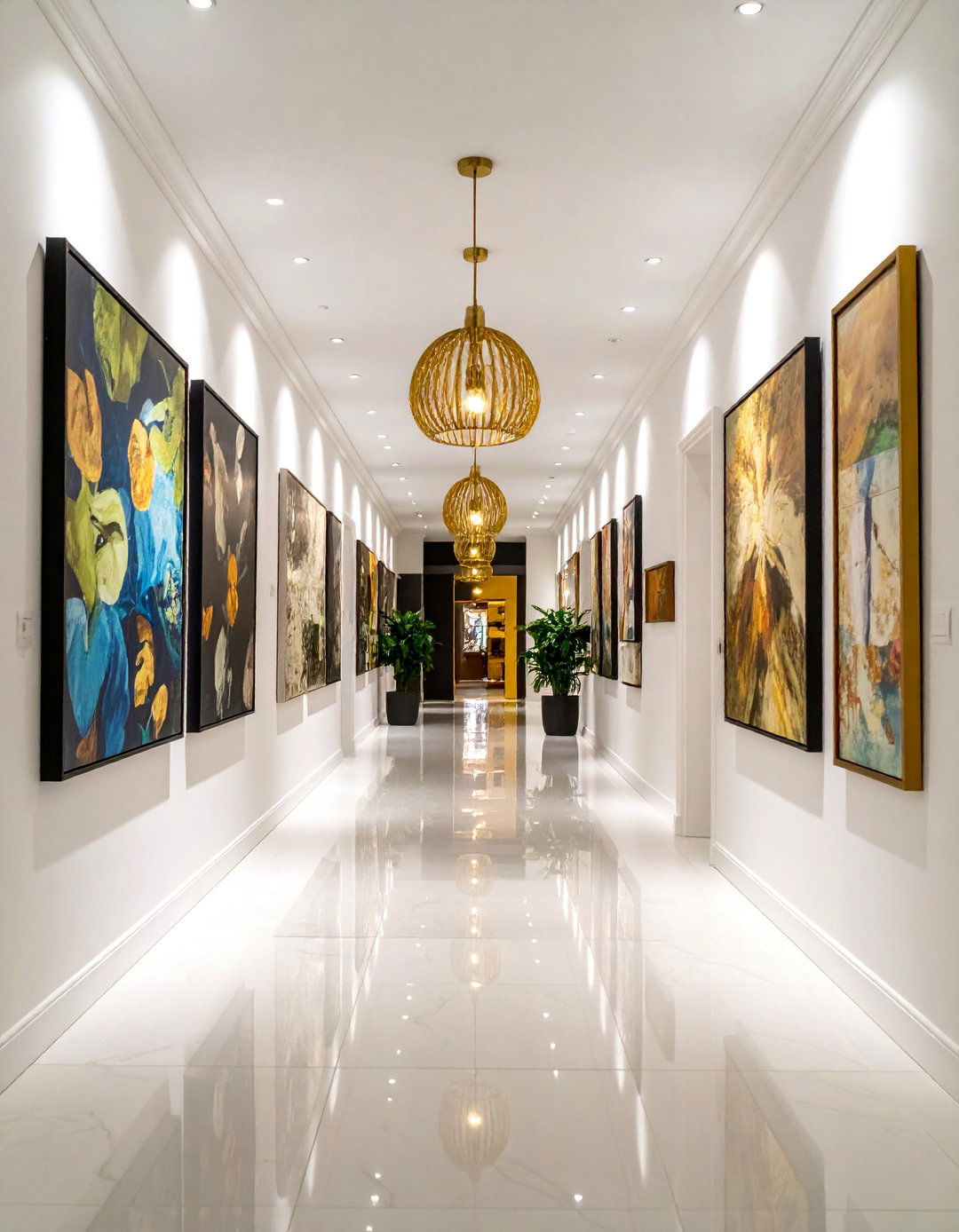 Gallery Wall Hallway with Brass Picture Lighting - 25 Black Hallway Ideas