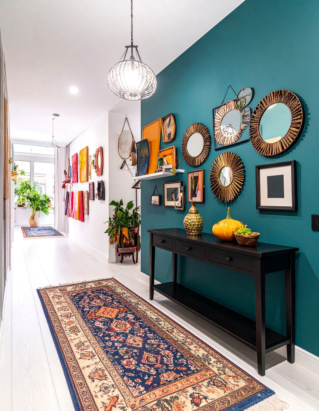 Gallery Wall Hallway with Dramatic Dark Paint - 25 Narrow Hallway Ideas