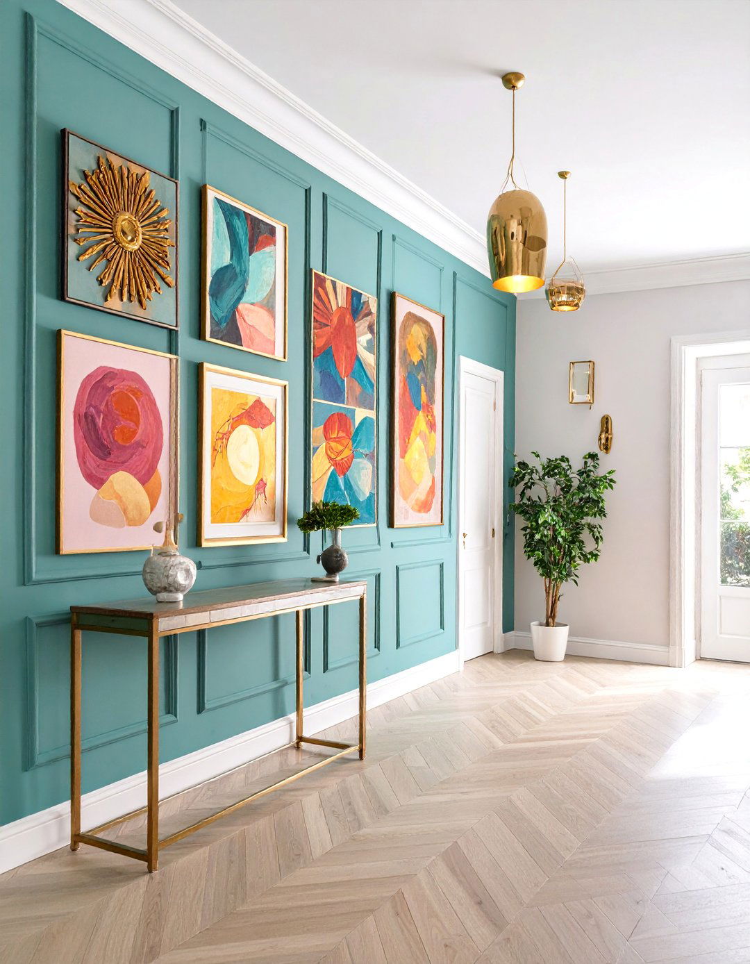 Gallery Wall Hallway with Picture Lighting - 25 Hallway Decor Ideas