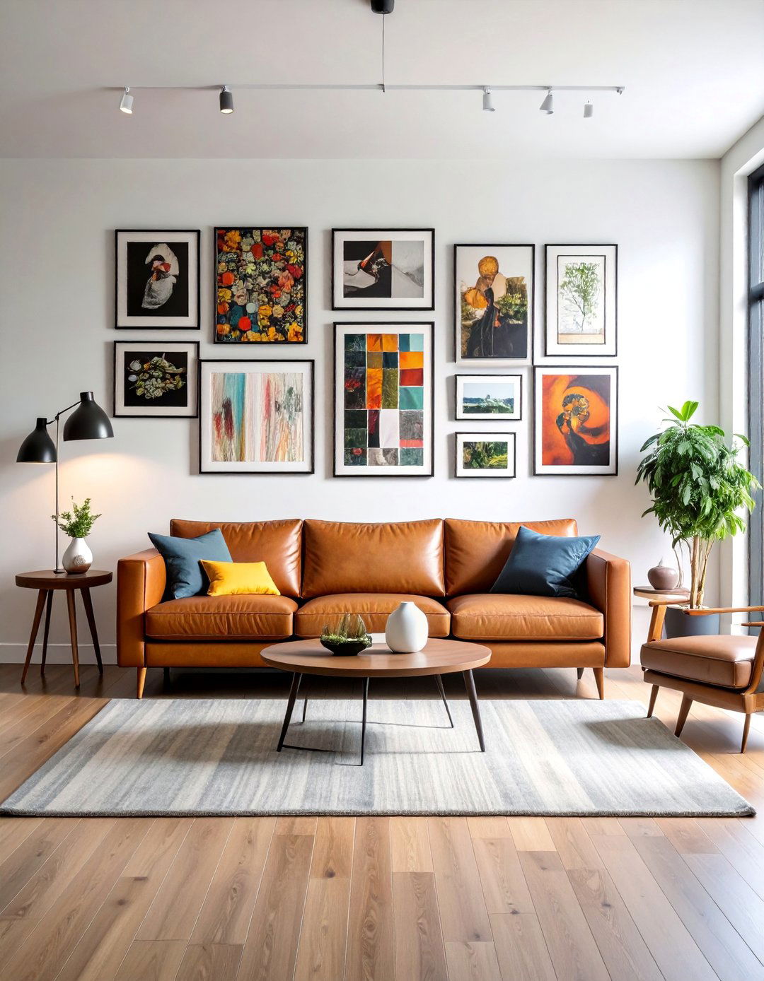 Gallery Wall Living Room with Mixed Artwork Display - 25 Brown Leather Couch Living Room Ideas