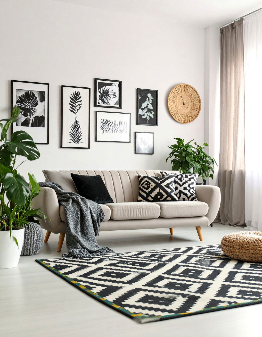 Gallery Wall Showcase with Black and White Art - 25 Black and White Boho Living Room Ideas