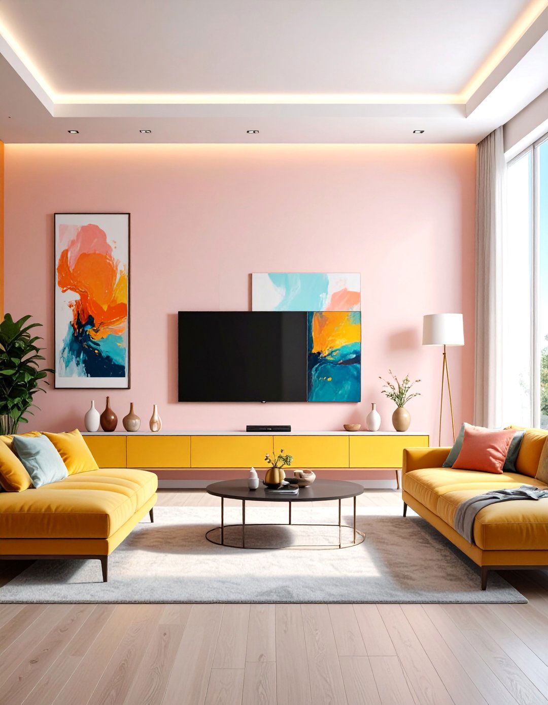 Gallery Wall TV with Extendable Console - 25 Small Living Room Ideas With Tv and Dining Table