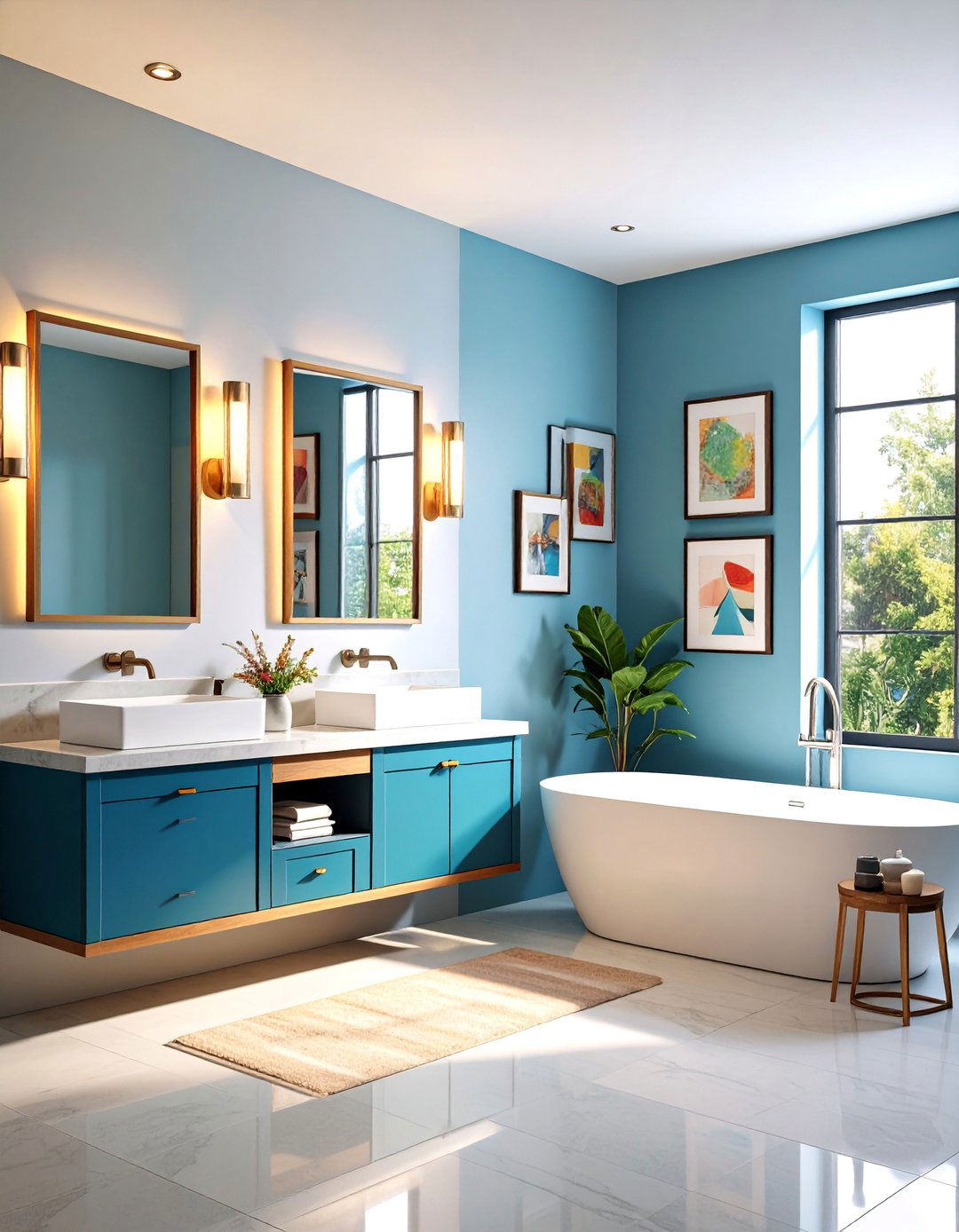 Gallery Wall of Framed Art with Picture Lighting - 25 Elegant Bathroom Decor Ideas