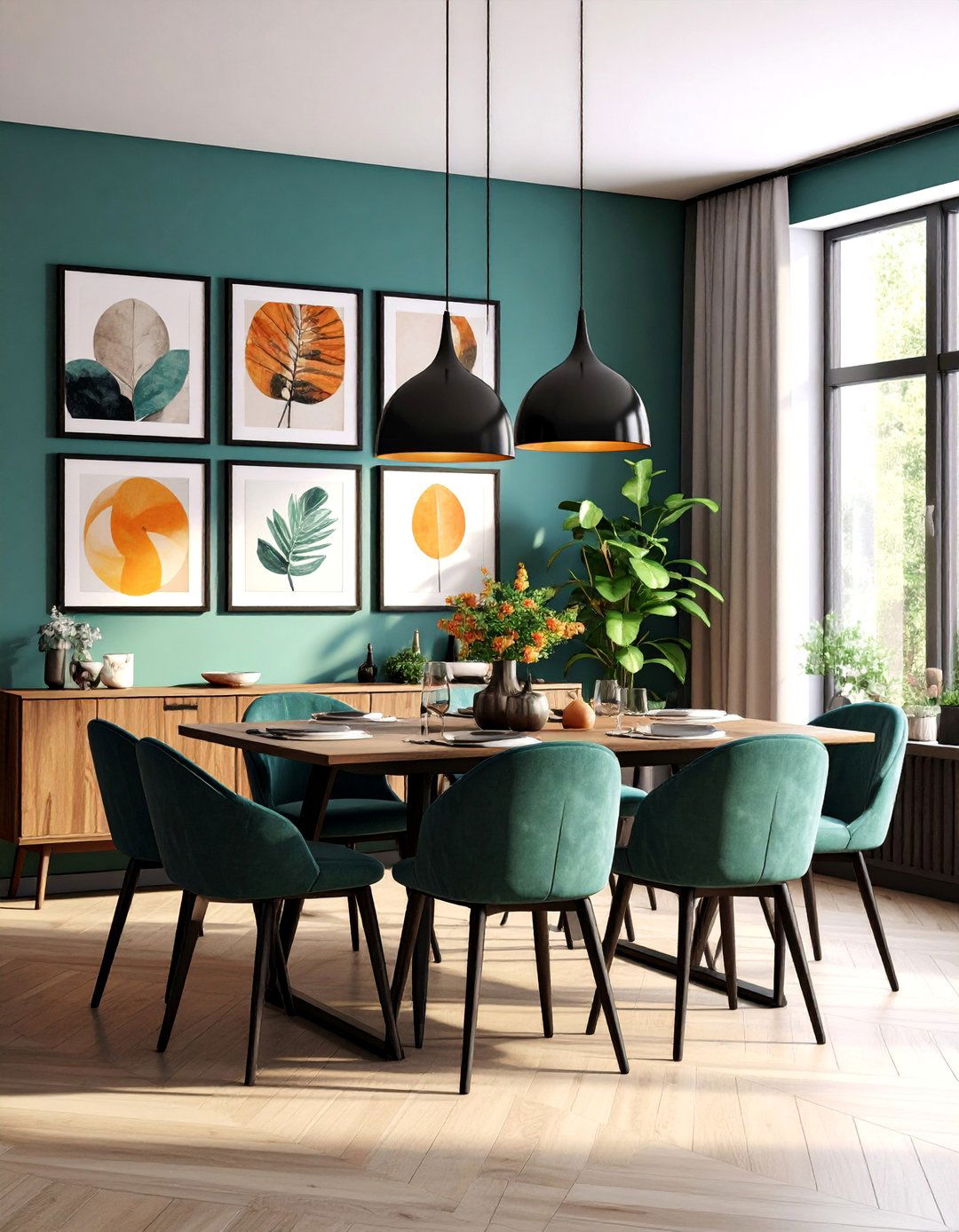 Gallery Wall with Black Framed Artwork - 25 Transitional Dining Room Ideas