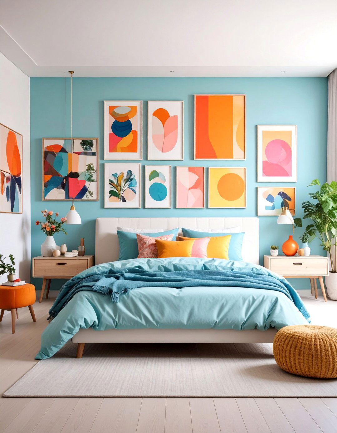 Gallery Wall with Mixed Media Art - 25 No Headboard Ideas