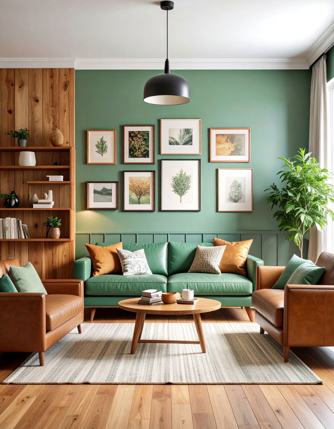 Gallery Wall with Sage Green Matting - 25 Rustic Sage Green Living Room Ideas