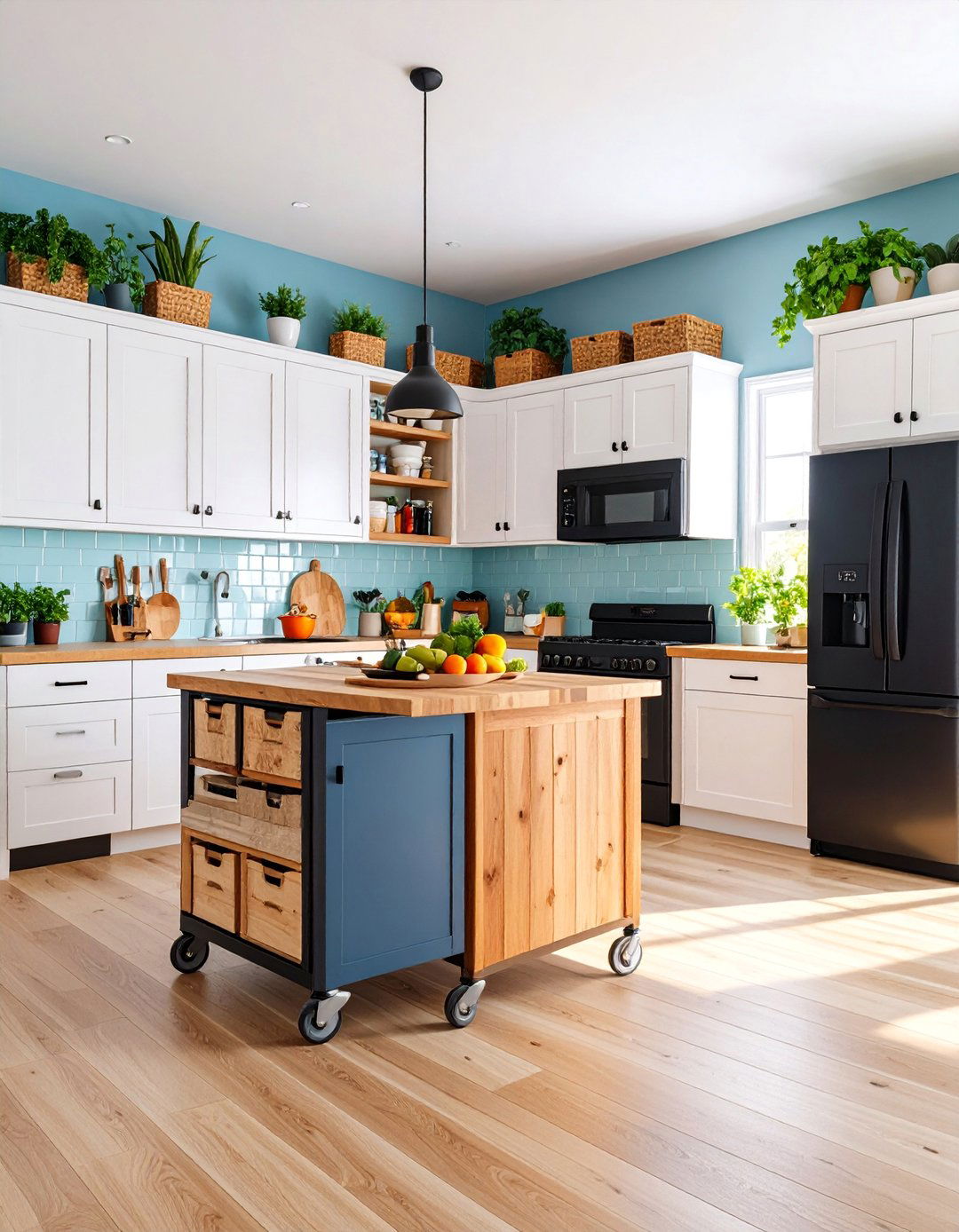 Galley Efficiency with Rolling Storage Cart System - 25 Small Kitchen with Black Appliances Ideas