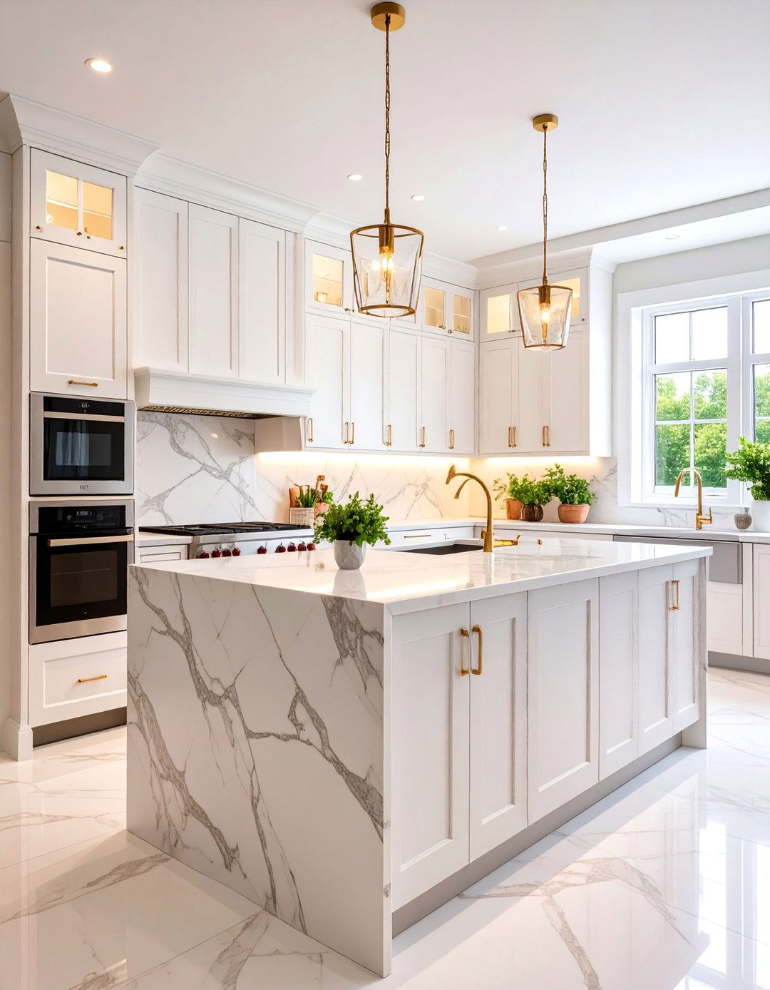Galley Kitchen with Marble Waterfall Countertops - 25 Galley Kitchen Ideas