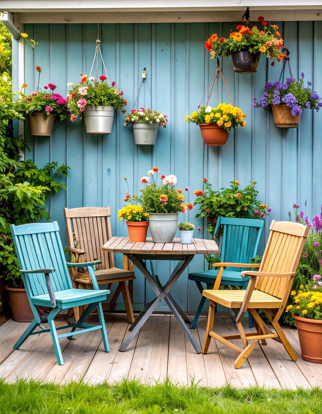 Galvanized Metal Accent Patio with Vintage Furniture - 25 Farmhouse Patio Ideas