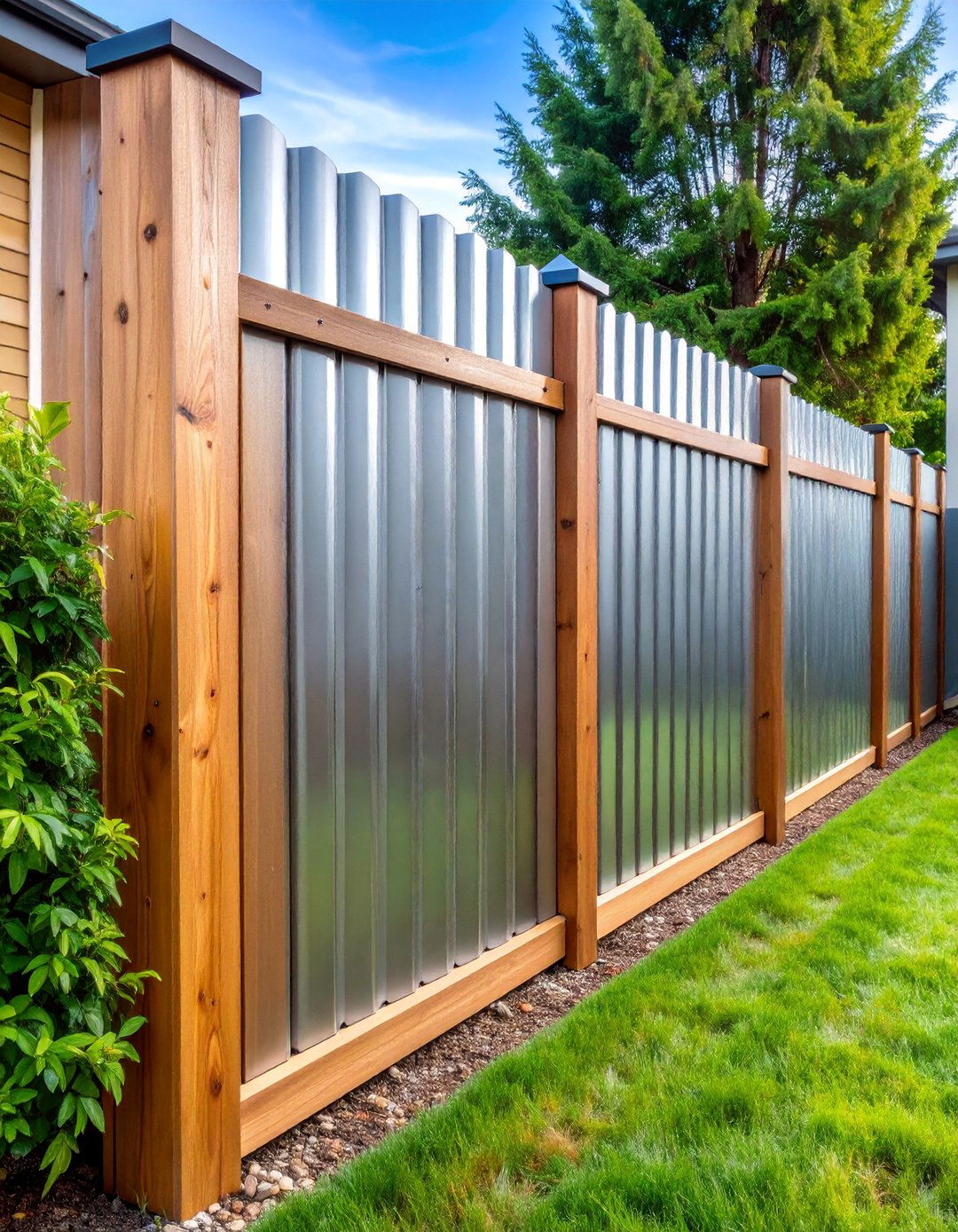 Galvanized Steel Panel with Wood Trim - 25 Metal and Wood Fence