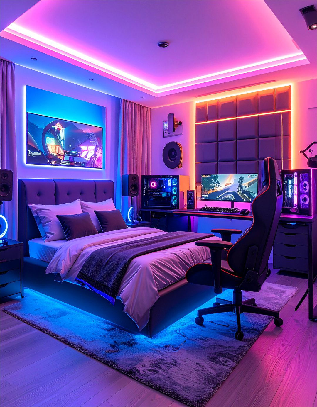 Gaming Bedroom with Integrated Entertainment Center and Streaming Setup - 25 Gaming Bedroom Ideas