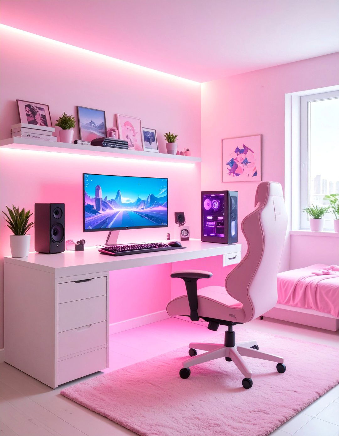 Gaming Bedroom with Pink LED Setup - 25 Teen Girl Bedroom Ideas