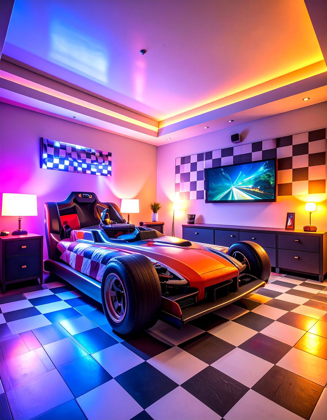 Gaming Bedroom with Vintage Racing Theme and Simulator Setup - 25 Gaming Bedroom Ideas