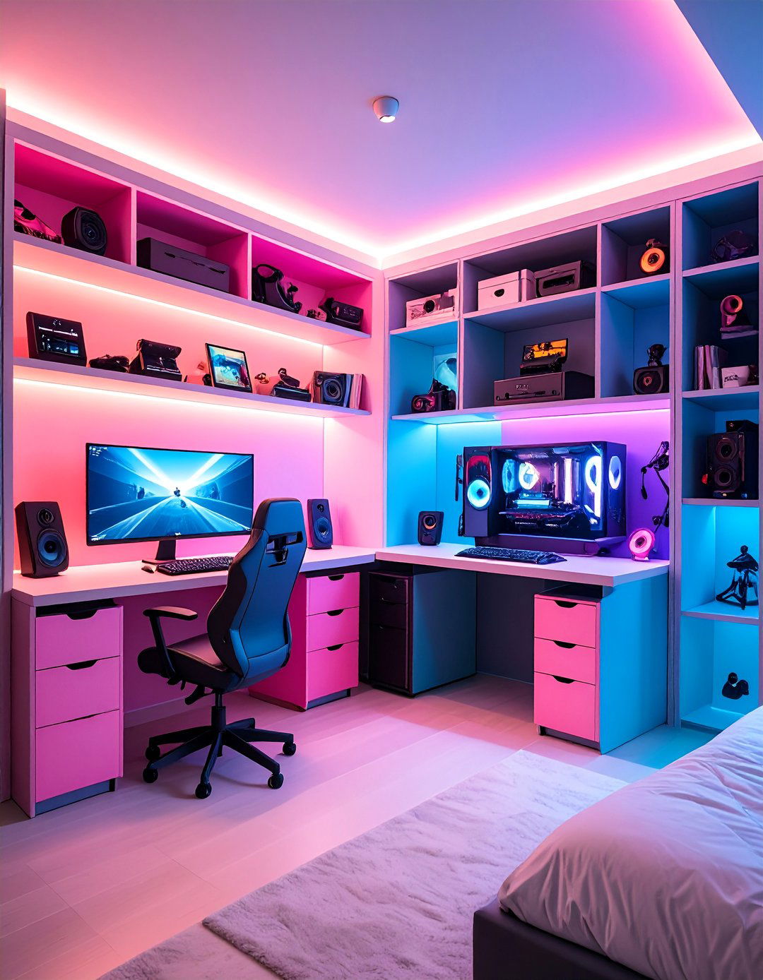 Gaming Room with Hidden Storage Solutions - 25 Gamer Girl Room Ideas