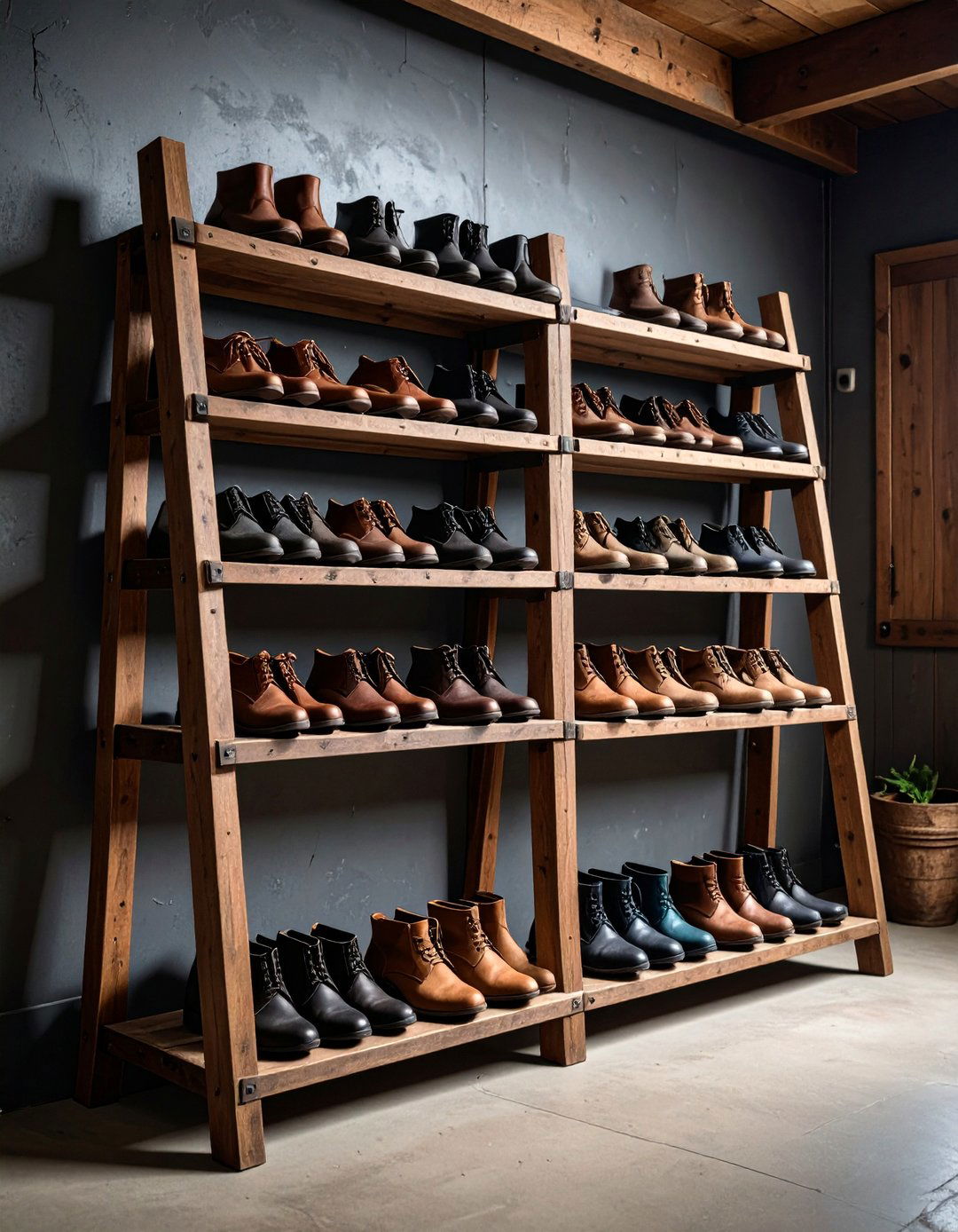 Garage Shoe Storage Ladder Shelf with Rustic Design - 25 Garage Shoe Storage Ideas
