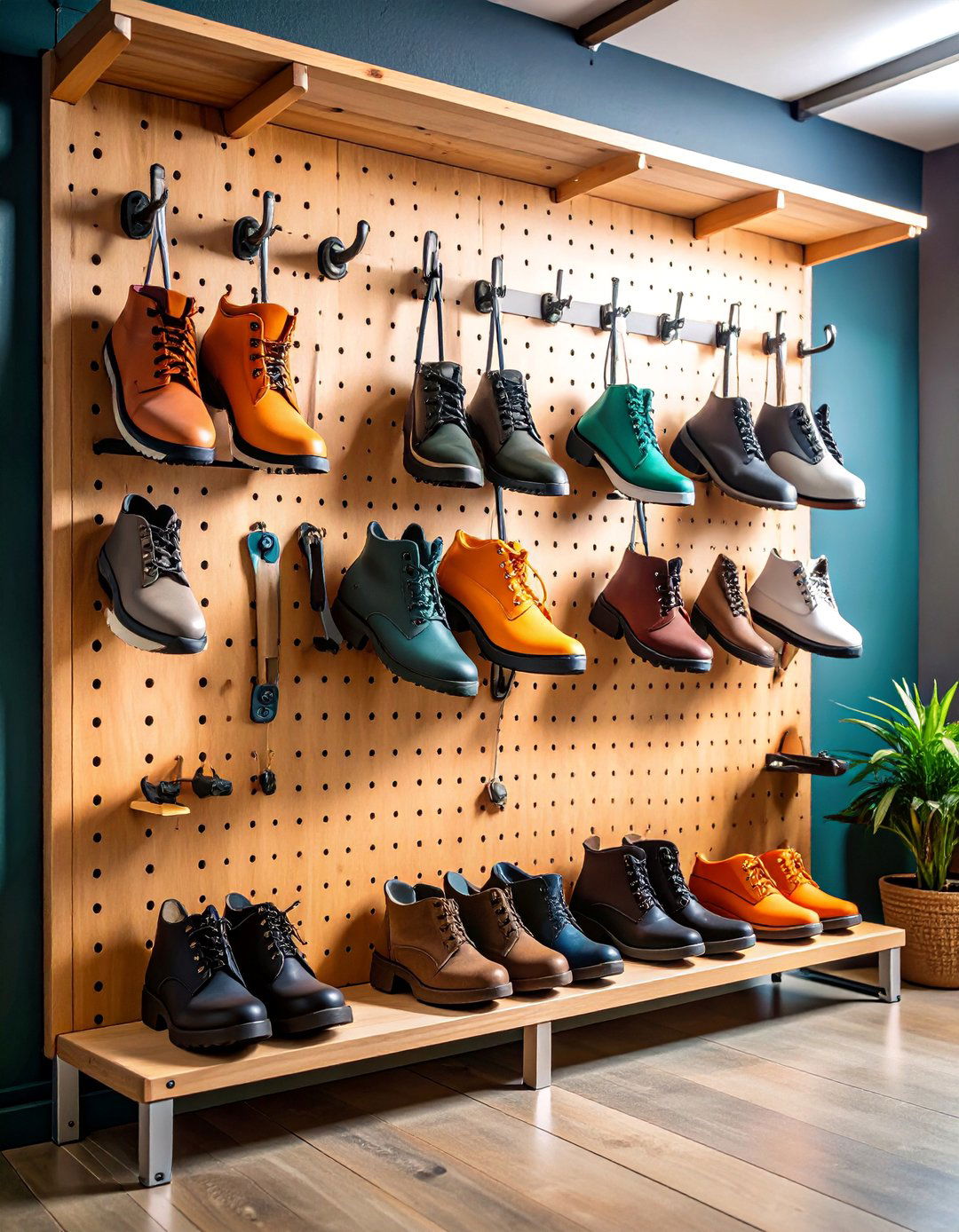 Garage Shoe Storage Pegboard System with Adjustable Hooks - 25 Garage Shoe Storage Ideas