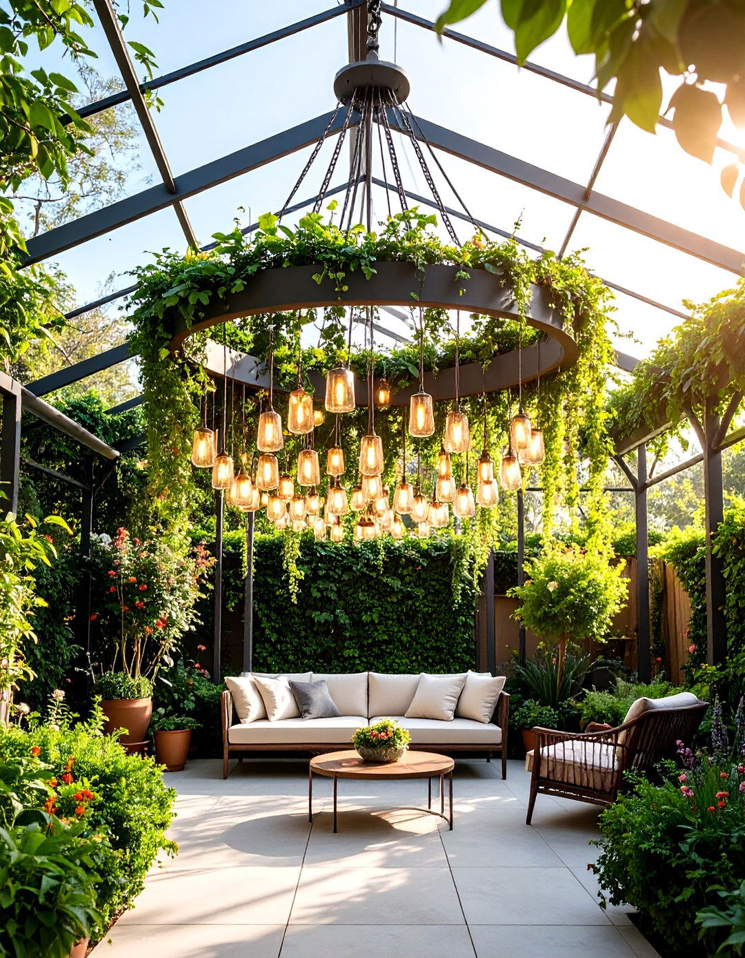 Garden Chandelier with Hanging Plants - 25 Garden Art Ideas