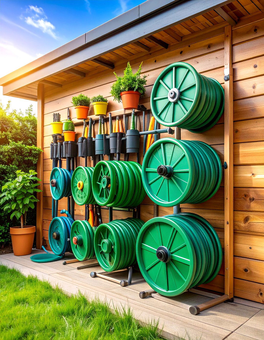 Garden Hose Storage Reel with Tool Integration - 25 Outdoor Storage Ideas
