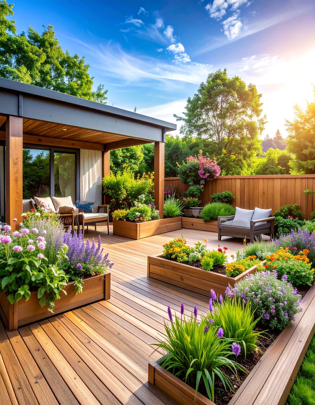 Garden Integrated Deck with Built In Planters - 25 Patio Deck Ideas
