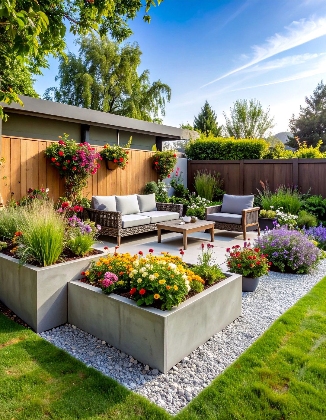 Garden Integrated Raised Concrete Patio with Planter Walls - 25 Raised Concrete Patio Ideas