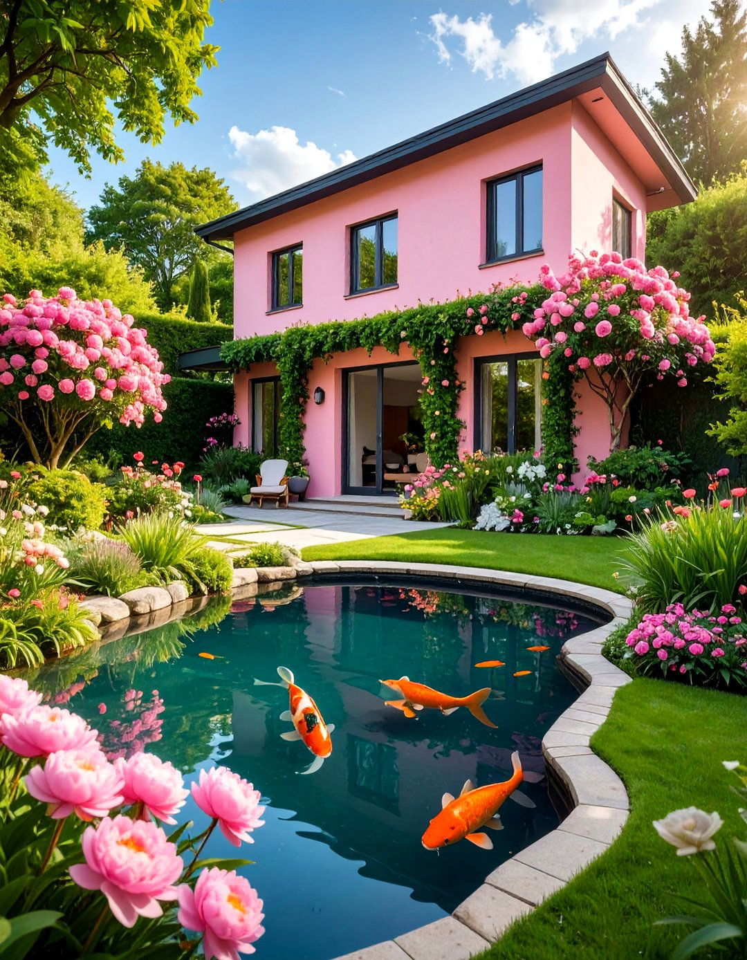 Garden Lined Peony Pink House Exterior with Living Walls - 25 Pink House Exterior Ideas