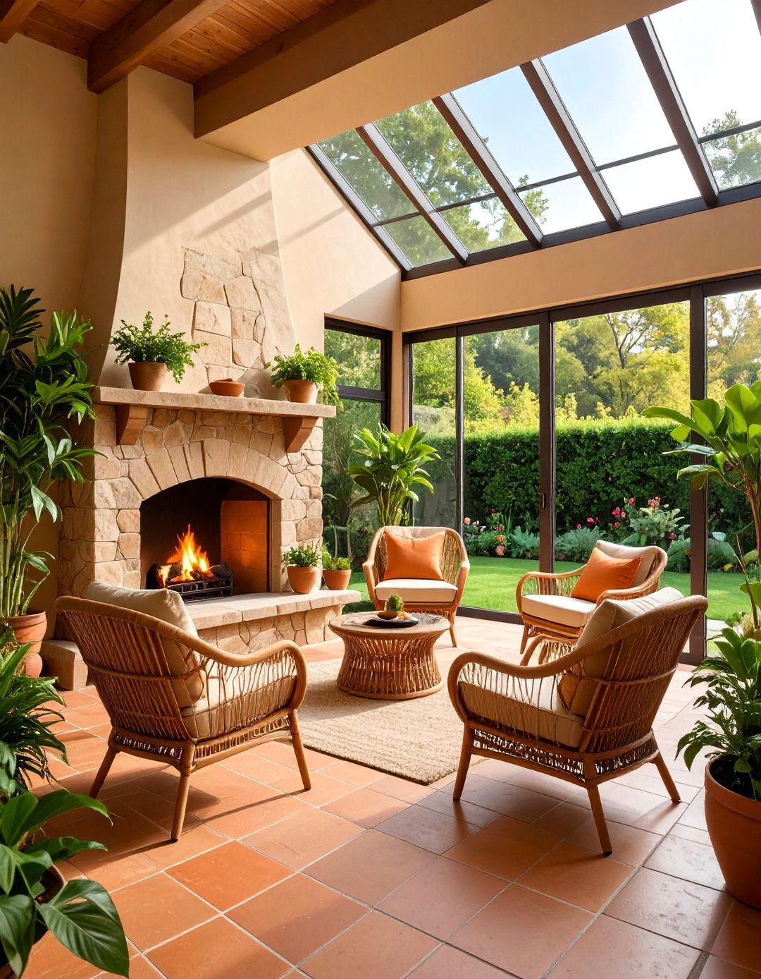 Garden Room Faux Stone Fireplace with Sunroom Seating - 25 Faux Stone Fireplace Ideas