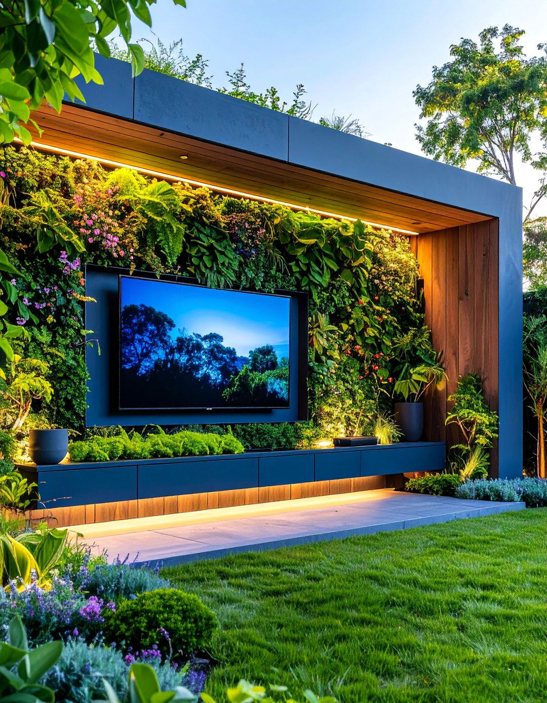 Garden Wall Entertainment Niche with Climbing Plants Integration - 25 Outdoor Tv Ideas