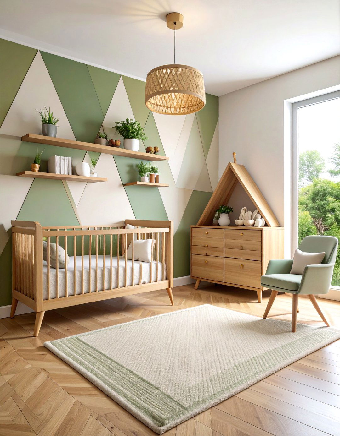 Geometric Accent Wall Nursery with Walnut Furniture - 25 Mid-century Modern Nursery Ideas