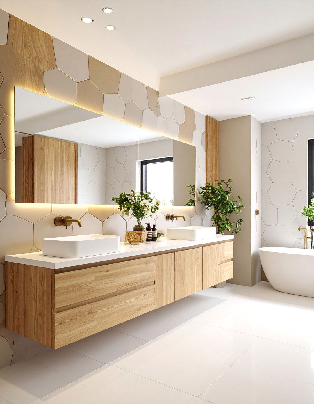 Geometric Black Hexagon Tiles with Natural Wood Vanity - 25 Black and Wood Bathroom Ideas