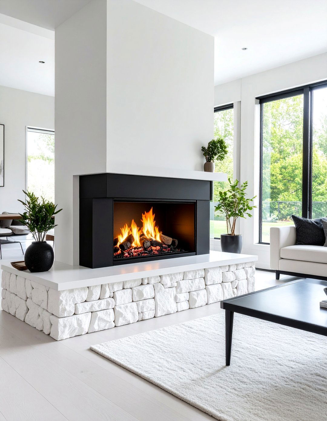 Geometric Black Iron Fireplace Insert with White Stone - 25 Black and White Fireplace Ideas