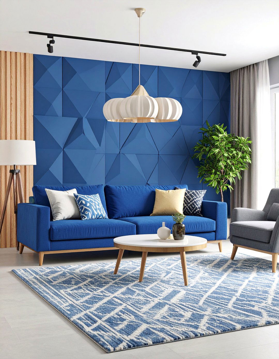 Geometric Blue Living Room with Textured Panels - 25 Blue Accent Wall Ideas