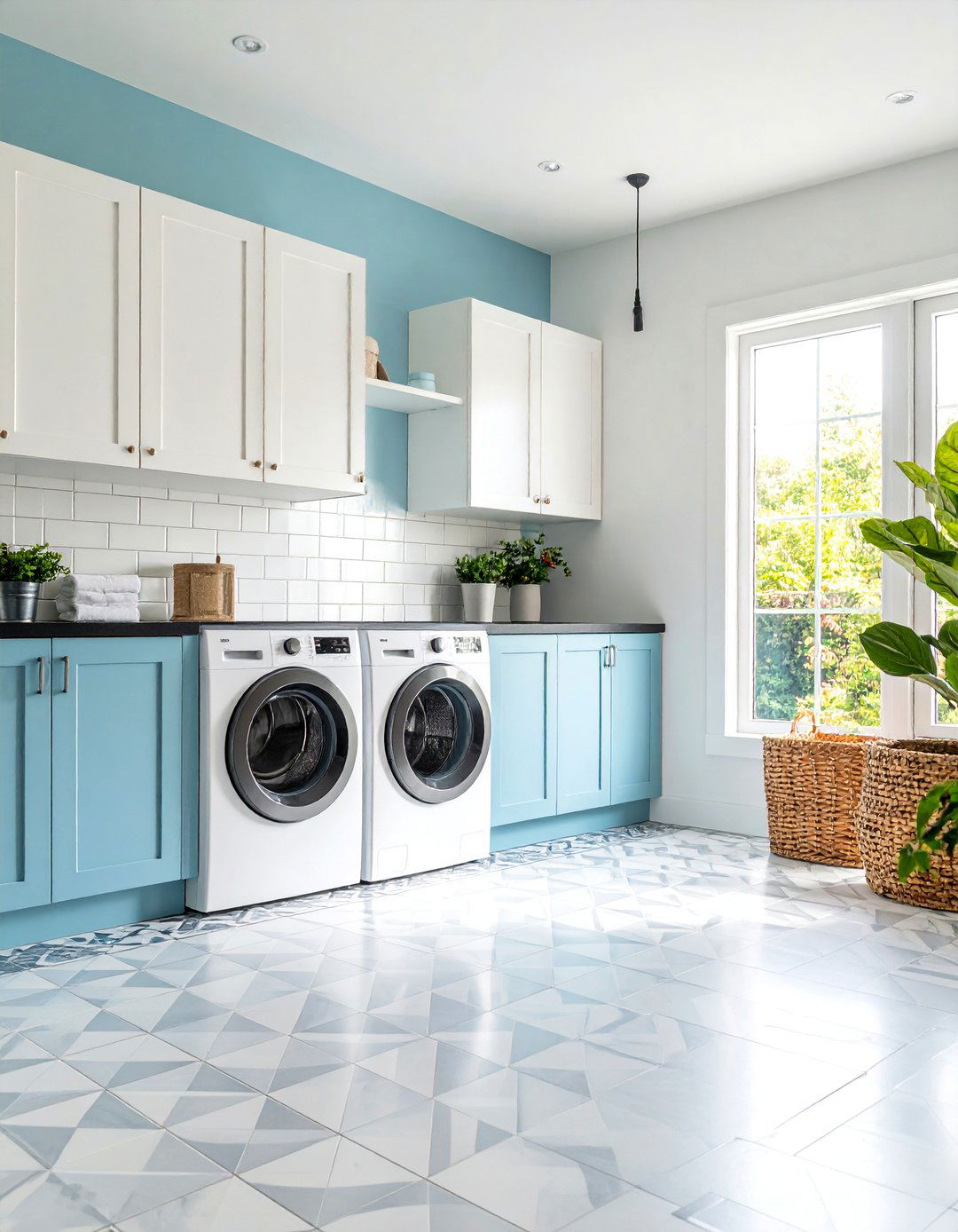 Geometric Cement Tile Flooring - 25 Black and White Laundry Room Ideas