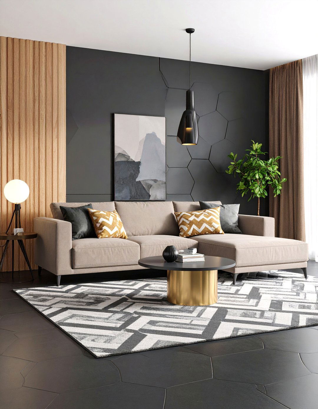 Geometric Contemporary Black Floor Living Room - 25 Black Floor Living Room Ideas