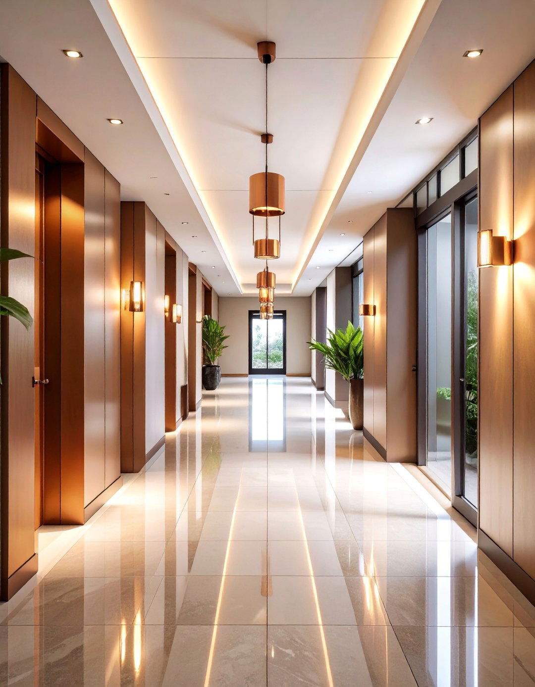 Geometric Flush Mount Fixtures with Copper Accents - 25 Narrow Hallway Lighting Ideas