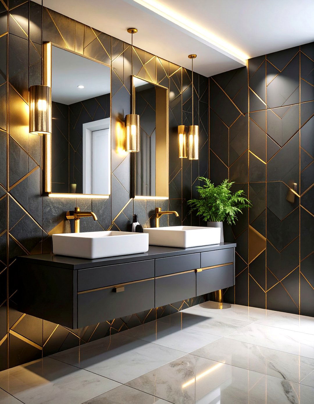 Geometric Gold Tile Black Powder Room with Sleek Fixtures - 25 black and gold powder room ideas