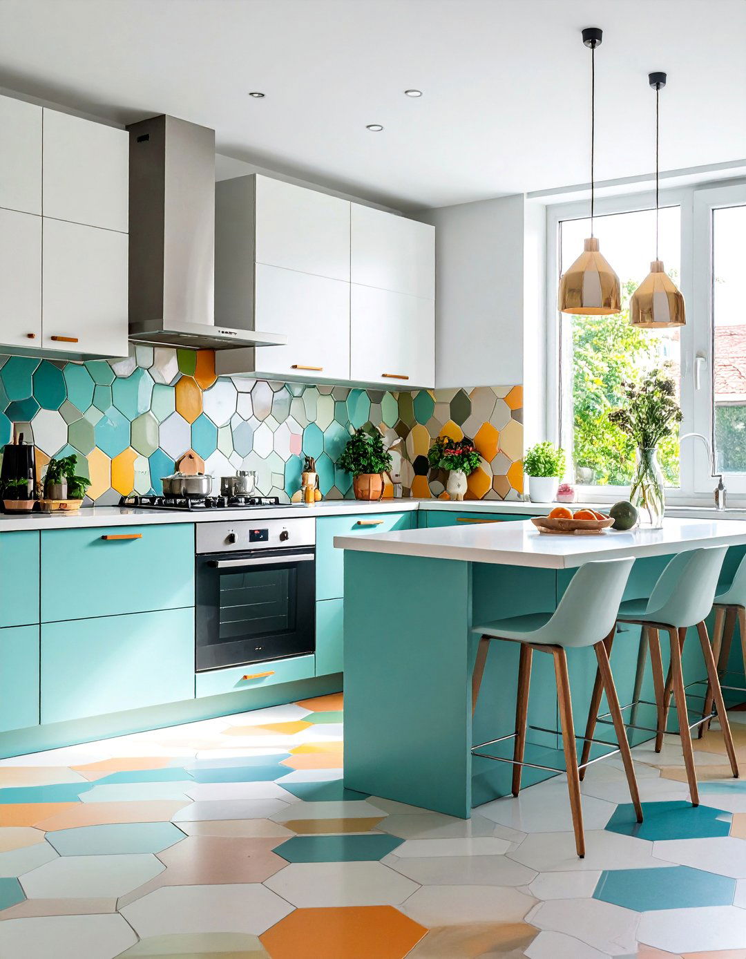 Geometric Hexagon Kitchen Floor with Mixed Materials - 25 Kitchen Floor Ideas