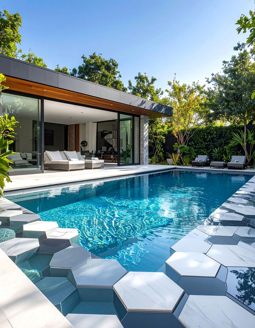 Geometric Hexagon Mosaic Design - 25 Waterline Pool Tile Ideas