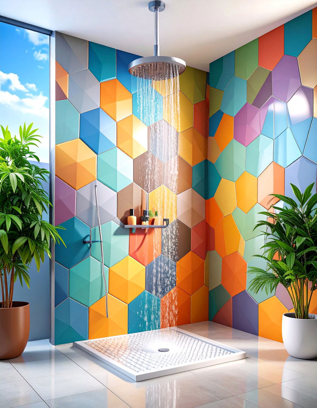Geometric Hexagon Tile Shower Wall with Modern Patterns - 25 Shower Wall Ideas