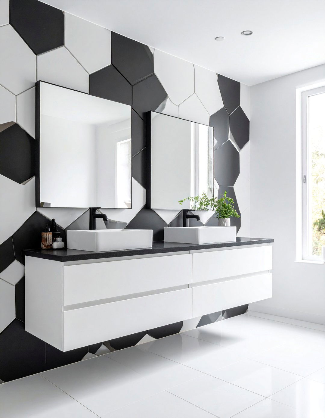 Geometric Hexagon Tile Statement Wall - 25 Black and White Powder Room Ideas