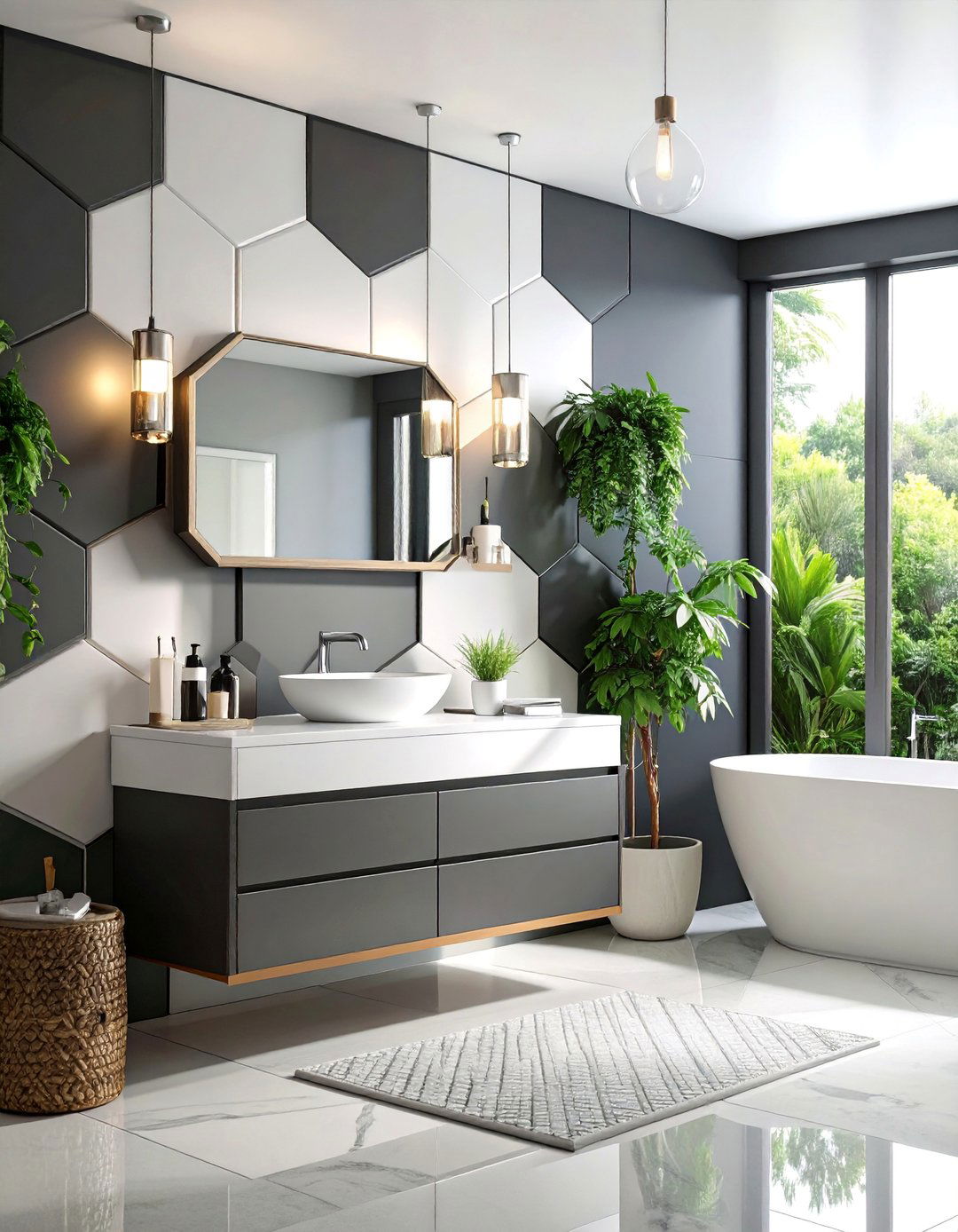 Geometric Hexagon Tiles in Charcoal and White - 25 Bathroom Wall Ideas
