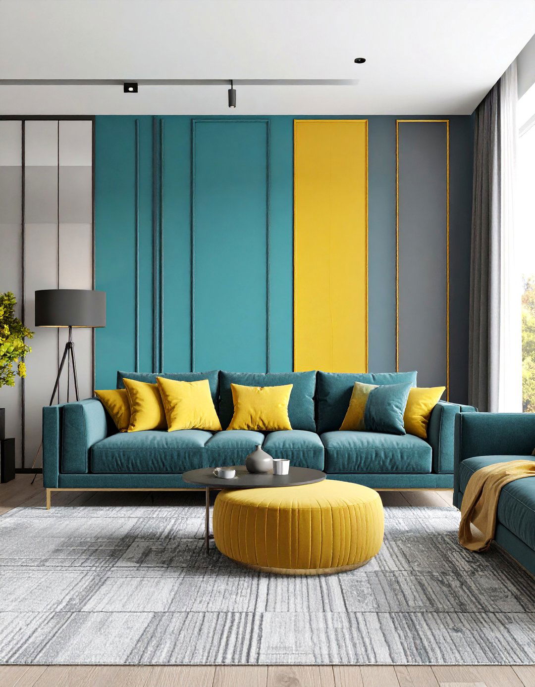 Geometric Panel Pattern with Bold Colors - 25 Half Wall Paneling Ideas