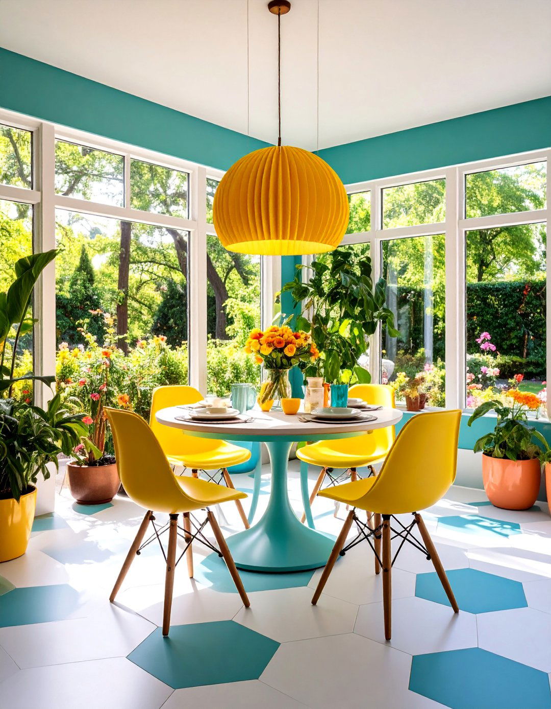 Geometric Pattern Breakfast Nook - 25 Mid-century Modern Sunroom Ideas
